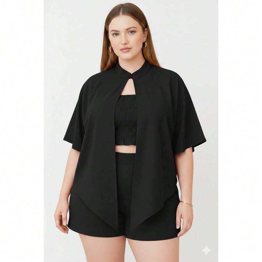 Conjunto Premium Crepe Cedinha - Capa Kimono & Top Cropped - Preto - Visão 1