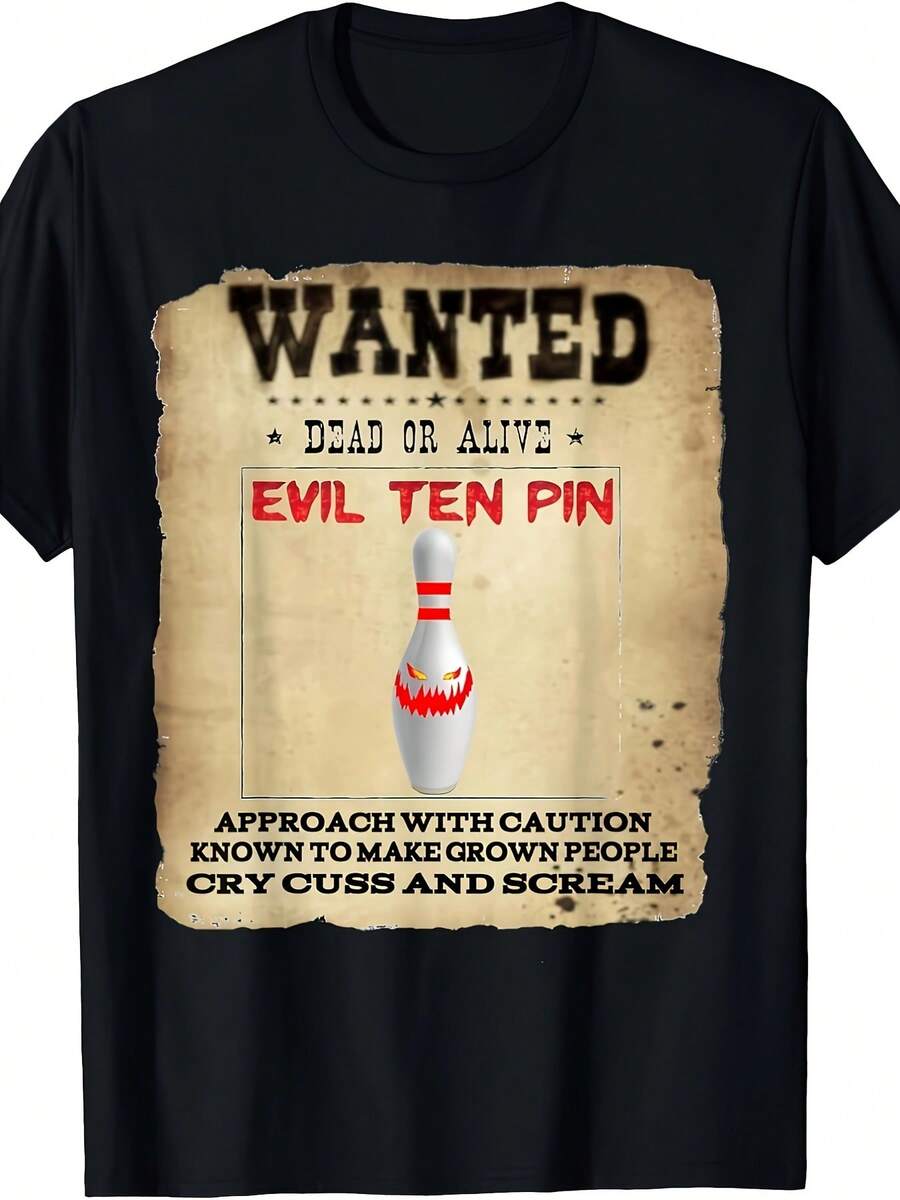Men's & Women's Evil Ten Pin Bowling T-Shirt - Vintage Wanted Poster Design With Bowling Pin & Strike Graphic - Soft Breathable Crew Neck Tee - Funny Bowling Alley Shirt For Casual Wear & Parties - Machine Washable - 黑色 - 查看 1