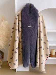 قطعة واحدة وشاح جاكار ذو نمط أنيق على شكل نحلة مع طوق من الفرو الاصطناعي، وشاح دافئ للنساء في فصلي الخريف والشتاء، مزين بدبوس إبزيم اللؤلؤ، إكسسوار عصري للدفء، هدية مثالية للنساء، مناسب للارتداء اليومي - بيج - مشاهدة 6