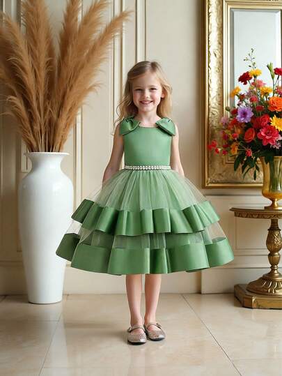Young Girls' Sleeveless Mesh & Satin Bow Back Elegant Fancy Party Dress, Suitable For Flower Girl, Wedding, Banquet, Does Not Include Headband