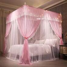 VETHIN 4 Corners Post Ruffle Princ Bed Canopy Curtain-Double Layer Cozy Drape Netting 4 Opening Mosquito Net For Girls Adults Bedroom Decoration Pink/Whtie 47 W78 L82 H/Twin - PinkWhtie - 查看 4