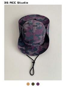 Topi Bucket Ringan Cepat Kering Motif Kamuflase Patchwork, Topi Pelindung Matahari Bernapas untuk Aktivitas Luar Ruangan Mendaki, Memancing, Unisex Musim Panas - tali lanyard kamuflase - View 12