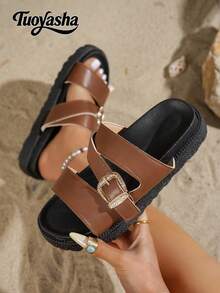 Dép lê đế xuồng dày dặn, kiểu dáng mới, trang trí khóa kim loại, thoải mái, chống trơn trượt, đa năng và dễ vệ sinh, thích hợp cho mang hàng ngày. - màu nâu - Xem 2