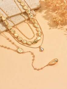 4pcs/Set Handmade CCB Beaded Water Drop Pendant Necklace, Multi-Layer Y-Shape Long Necklace, Fashionable Choker Necklace Suitable For Women Daily Wear, Street Style And Party - Gold - View 3