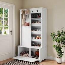 Modern And Minimalist Wardrobes And Closets, Combining A Shoe Cabinet And A Wardrobe, A Multifunctional Storage System With Hooks - White - View 4