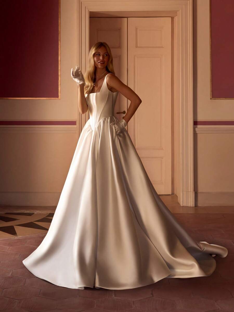 Retro Square Neck Spaghetti Strap Satin Ballgown Wedding Dress With Corset Bodice, Side Pockets & Flowing Train, Wedding Dresses For Bride, Elegant And Comfortable, Includes Plus Sizes, Bridal Gown, Formal Dresses For Women, Suitable For Wedding, Party, After-Party Dress, Cocktail Party, Bride, Formal Occasions, Dinner Dress, Prom Dress, Birthday Party, Celebration, Gala, Festival, Ceremony, Graduation, Homecoming Dress, Vacation, White - 白色 - 查看 1