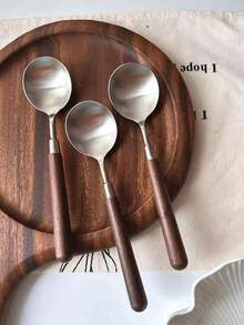 3件套不锈钢圆勺，仿胡桃木手柄，高品质餐具，适用于西式正餐和甜点 - 彩色 - 查看 1