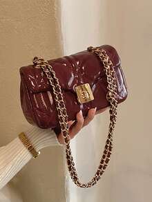 Fashion Classic Joker Solid Color PuWaterproof Fabric, Diamond Lattice SplicingDesign Chain Square Bag, Twist Lock OpeningAnd Closing Design, Burgundy Bag Ls SuitableFor Traveling And Shopping, Commuting ToWork, And Attending Parties - Burgundy - View 7