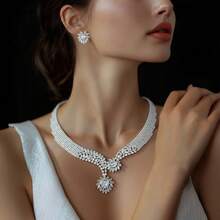Bộ trang sức nữ thanh lịch, đính đá Cubic Zirconia, họa tiết giọt nước màu xanh dương, phù hợp với trang phục dạ hội, duyên dáng, sang trọng và quyến rũ. - Bạc - Xem 8