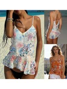 Camiseta de tirantes finos con cuello en V, estampado floral y detalles de lentejuelas para mujer, para uso casual - Rosa - Ver 6