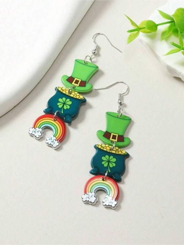 1 Par de Brincos Longos Pendentes de Arco-íris e Chapéu Mágico Verde do Dia de São Patrício, Acessórios Festivos para Mulheres