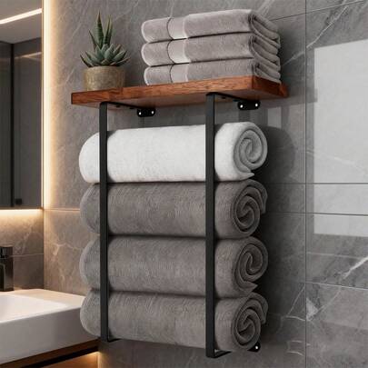 黑色简约木质壁挂式置物架，浴室毛巾收纳架，适用于浴室、水疗中心、沙龙、小型浴室装饰或房车。