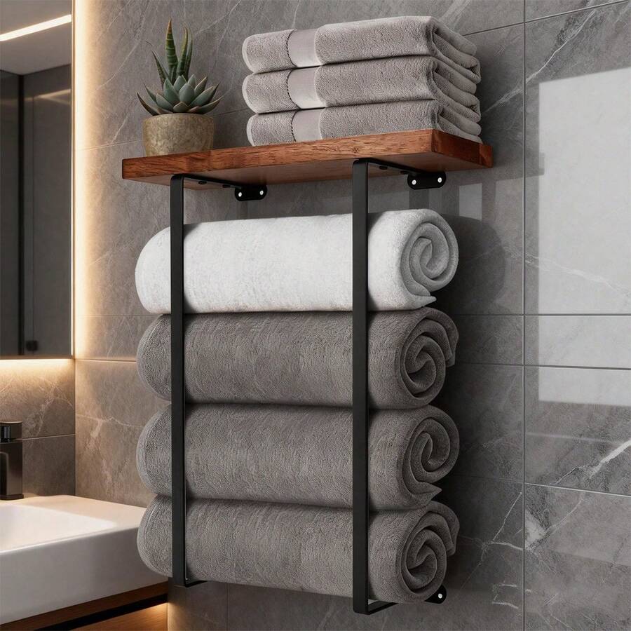 黑色简约木质壁挂式置物架，浴室毛巾收纳架，适用于浴室、水疗中心、沙龙、小型浴室装饰或房车。 - 彩色 - 查看 1