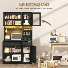 HEXCELEN Kitchen Cabinet, Sideboard, Tall Cabinet With Sockets And LED Light Strips, With Worktops And Two Drawers, Adjustable Shelves, Kitchen, 40 X 100 X 180 Cm, Black - 查看 8