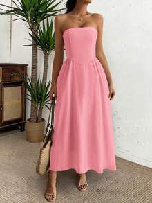 Unadoll 女士无肩带拉链休闲优雅连衣裙，适合海滩度假、旅行、约会、音乐节、返校季和圣诞节等场合。 - 粉色 - 查看 10