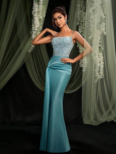 AOSHABABI Elegant Luxurious Women's Turquoise Beaded Sequin Splice Shiny Elastic Fabric Twist Design Fitted Formal Evening Gown (Embellished Version) [Exclusive Custom Bead Fabric, Designer Collection] Suitable For All Formal Occasions, Music Festivals, Galas, Wedding Guests, Holiday Parties, Graduations, Cocktail Events, Dates, Vacations, And Bridesmaid Dresses. Spring Party