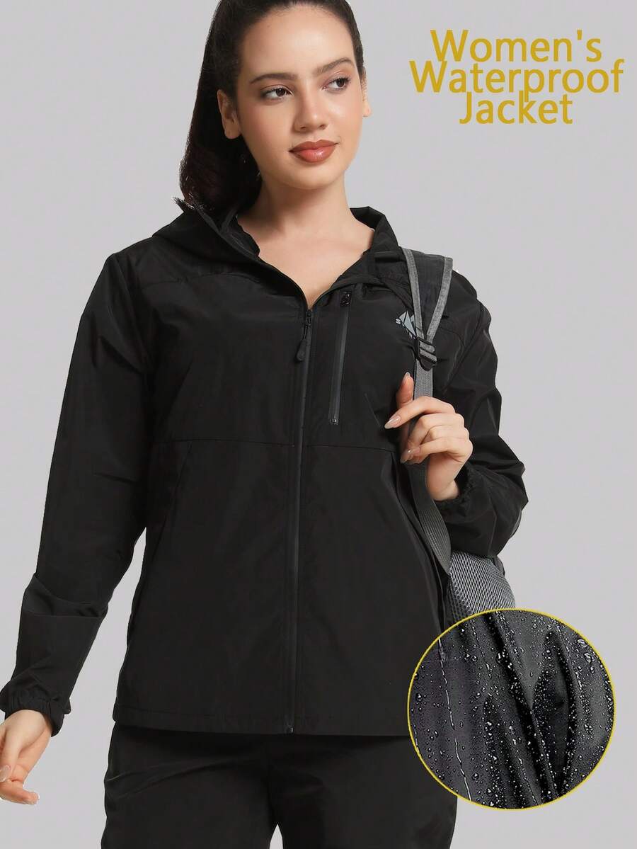 Women's Hooded Windproof Waterproof Lightweight Jacket With Pockets, Suitable For Outdoor Hiking And Travel Sports Black - Black - View 1