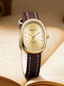 1pc Luxury Gold Shell Women's Quartz Watch, Fashion Minimalist Style, Elegant Elegant, Excellent Daily Accessory, Suitable For Business And Casual Occasions - Coffee Brown - View 5