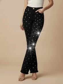 pthirillo Women's Black Flare Jeans With High-Waisted Butt-Lifting Effect And Rhinestone Detail. - 鏡子標誌 - 查看 4