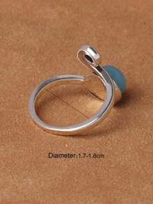 1pc Alloy Silver-Plated Adjustable Ring With Embedded Agate, Unisex Gemstone Ring - Green - View 10