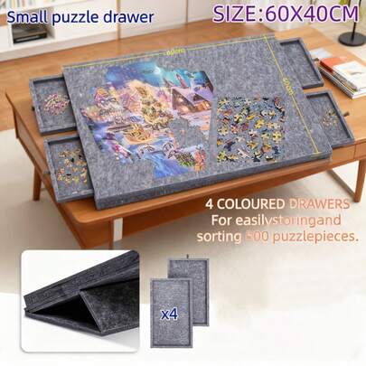 Alfombra de rompecabezas portátil, tablero de fieltro grueso y soporte para sostener 500 piezas, con 4 cajones de clasificación, 4 tazones de rompecabezas de colores aleatorios, soporte ajustable, perfecto para rompecabezas en cualquier momento y lugar, esencial para el ocio de fin de semana, tablero de rompecabezas de fieltro, gran regalo para el Día del Padre, Día de la Madre, Navidad, adecuado para amigos y familiares