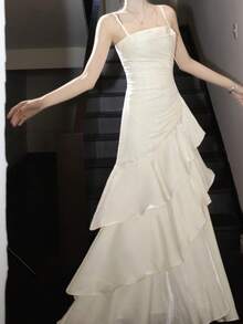 Elegant Summer Apricot Dress For Women Valentine's Day Sexy Satin Prom Dress, Wedding Guest Party Evening Gowns, Ruched Ruffle Vacation Outfits Beach Holiday Vacation - Apricot - View 4