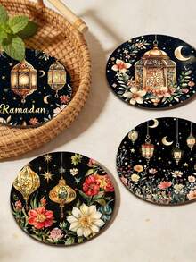 以伊斯兰图案和斋月为主题的杯垫，饰有金色新月和花卉印花，防滑，适用于咖啡杯，耐热耐用，适用于客厅、厨房和办公室，是送给家人、朋友和爱人的礼物，适合斋月、开斋节、情人节、圣诞节和感恩节，斋月快乐！ - 彩色 - 查看 4