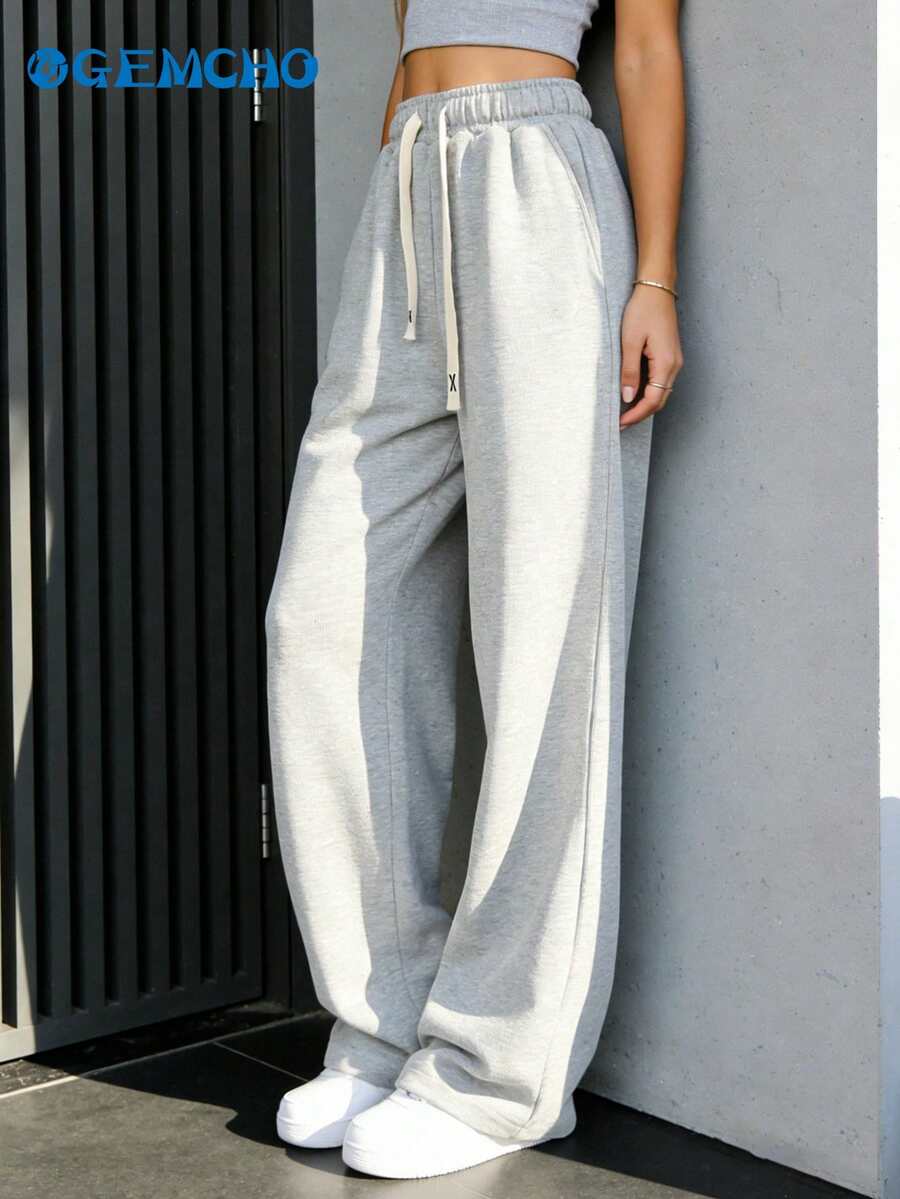 GEMCHO 1pc Women's Drawstring Waist Loose Wide Leg Casual Sweatpants, With Pockets, Knit Fabric, Slightly Stretchy, Casual Jogging Workout Pants, Suitable For All Seasons - Light Grey - View 1