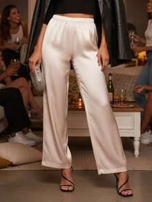 Women's Spring Summer Satin Pants High Waist Solid Color Loose Wide Leg Trousers - 白色 - 查看 4