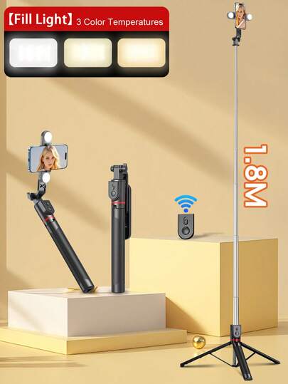 1.8m Bluetooth Remote Control Selfie Stick With LED Tri-Color Fill Light, Suitable For Video Shooting And Recording, Telescopic, 360° Rotation, Anti-Shake, Foldable Tripod-Style Handheld/Tabletop Selfie Stick, Compatible With IPhone 17, 16, 15, 14, 13, 12, 11e/Max/Pro/Xs/Xr/X/Plus