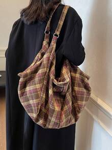 1 pieza Bolso casual de mujer a cuadros marrones, bolso hobo versátil y retro, cierre de cremallera ligero con doble asa, adecuado para uso diario, bolso de estudiante de escuela/universidad, bolso de hombro minimalista para viajes con gran capacidad - Marrón - Ver 7