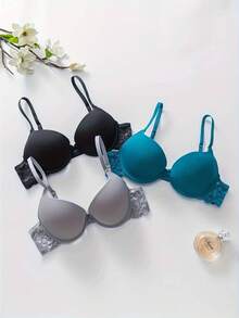 三件套简约性感蕾丝聚拢支撑文胸，可调节肩带，带衬垫和钢圈，日常穿着女士成人内衣 - 彩色 - 查看 9