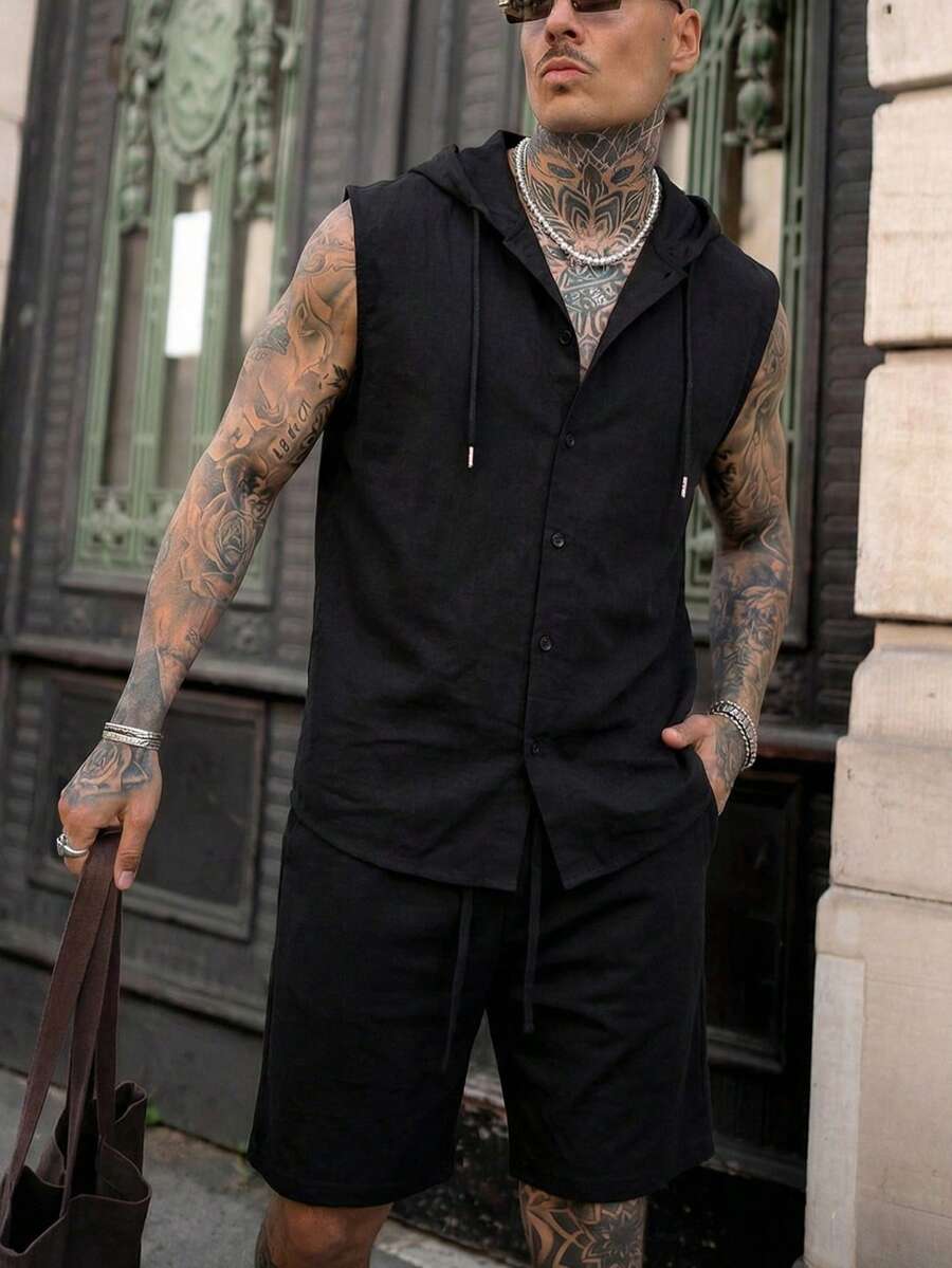 男士休闲连帽背心和抽绳短裤两件套，夏季 - 黑色 - 查看 1