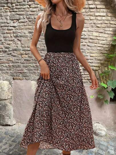 (طباعة غير موضعية) فستان صيفي كاجوال للنساء بدون أكمام، بتصميم زهري مرقع، فستان خط A، فستان عطلة شاطئية