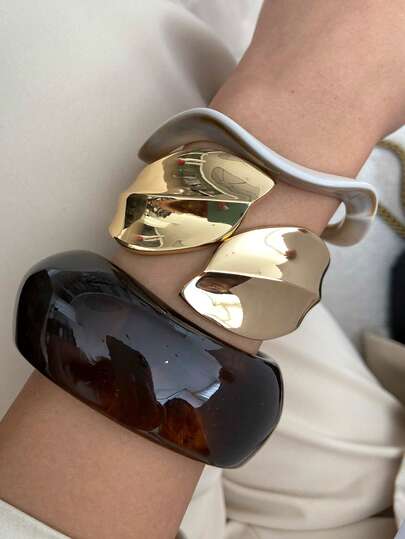 1件波西米亚几何不对称叶子宽波浪时尚女士树脂手镯，奢华休闲派对情侣婚礼节日百搭魅力树脂手镯礼物（树脂轻微瑕疵和颜色差异属正常现象）