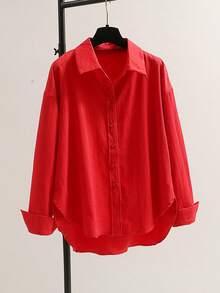 极简翻领长袖宽松女式衬衫外套，采用衬衫领和不对称下摆设计 - 紅色 - 查看 3