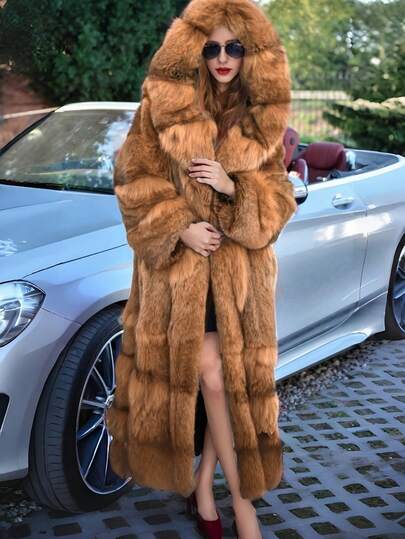 FHILLINUO 1pc Women's Faux Fur Coat, Brown With Black Tip Faux Fur Patchwork, Hooded, Elegant, Long, Oversized Fit, Suitable For Holidays, Daily, Travel, Tea Party, Date, Airport, Christmas, Thanksgiving, New Year, Autumn/Winter