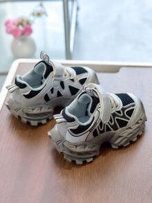 1 Pair Kids' Thick Sole Chunky Sneakers, Breathable Mesh Upper Boys/Girls Sports Shoes, Hook And Loop Closure Lightweight Casual Baby Shoes - Black - View 5