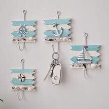 Decorative Nautical Wooden Robe And Towel Hooks - Wall Mounted Easy Install Storage Rack With Sailboat, Anchor, Wheel And Shell Accents, Suitable For Coastal Homes, Hotels And Bathrooms - Rustic Wooden Hanging Rack For Towels, Robes And Accessories, Random Shell Decor Included - Multicolor - View 3