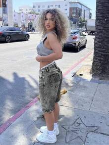 女士时尚休闲直筒宽松运动学院复古做旧百搭牛仔七分裤 夏季 - 淺灰色 - 查看 6