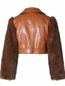 Chaqueta de Motociclista de Piel Imitada con Patchwork de Pelo Estilo Occidental para Mujer Corta Abrigo Cálido de Calle Moda para Otoño Invierno - Camello - Ver 5