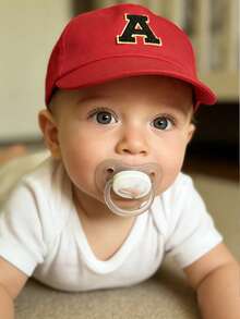1 pieza Gorra de béisbol clásica suave de unicolor con letras A-Z 26, adecuada para bebés, niños pequeños, recién nacidos, niños y niñas, gorra de sol con cierre a presión - Rojo - Ver 3