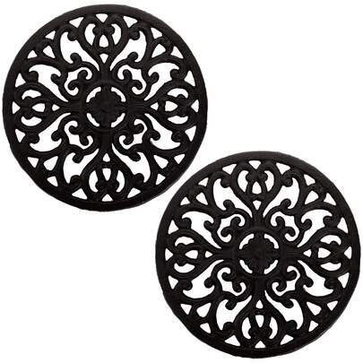 2 Pack Cast Iron Trivet, 6.8" Cast Iron Round Trivet With Vintage Pattern And Rubber Pegs/Feet For Serving Hot Dish, Pot, Pans And Teapot On Kitchen Countertop Or Dinning