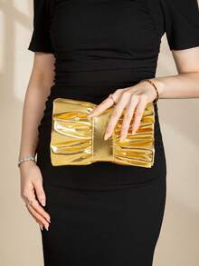 1pc High-End Shiny PU Pleated Clutch Bag, Unique Pleated Design Evening Bag, Metallic Luxurious Minimalist Style Women's Party Bag, Suitable For Parties, Banquets, Long Dress Matching - Gold - View 5