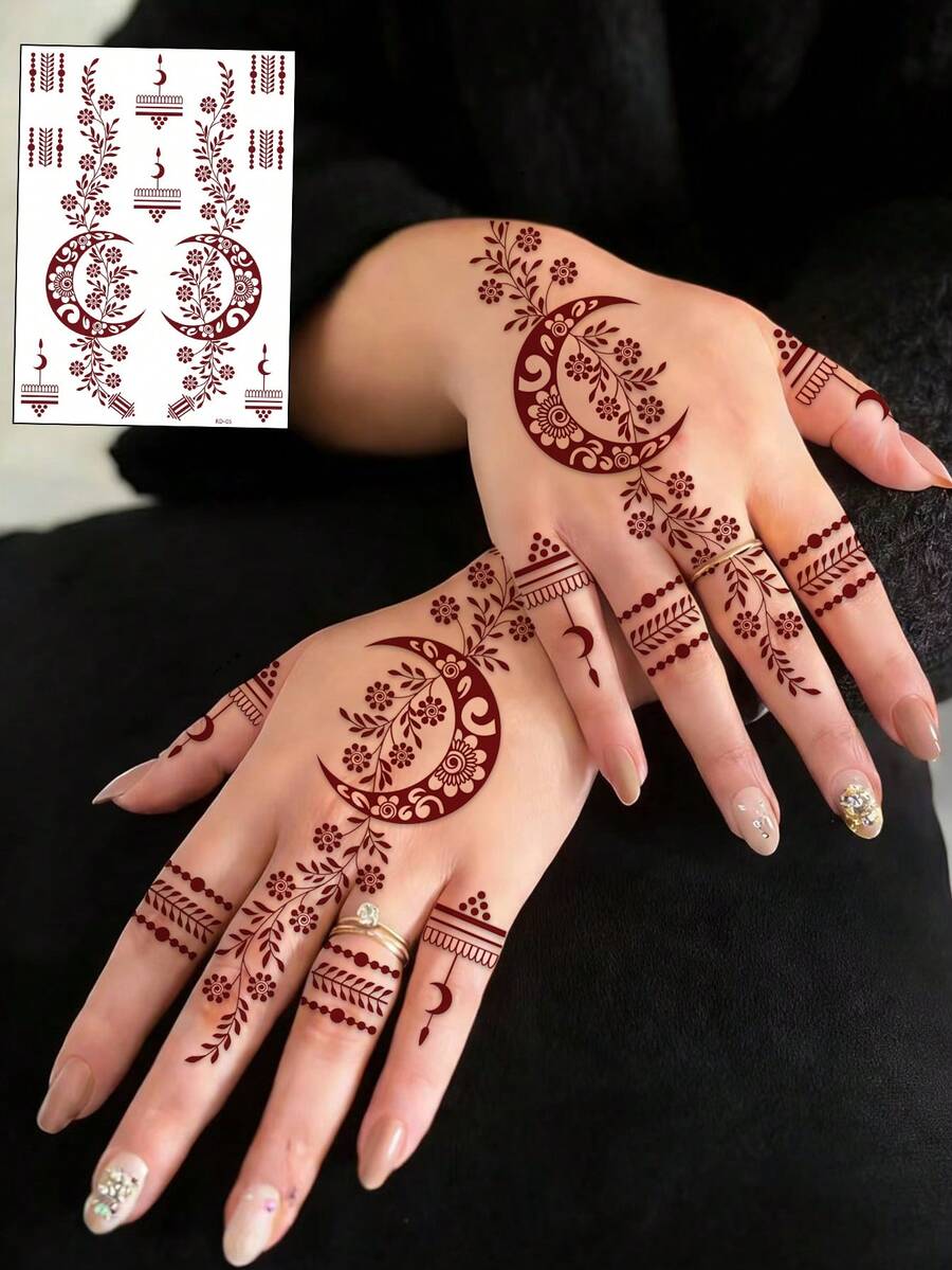 1 Temporary Tattoo Sticker With A Moon And Flower Design In A Wine-Red Color – ManHaiti Design Tattoo Stickers, Water- And Sweat-Resistant, Suitable For Various Parties And Body Painting Events. - Burgundy - View 1