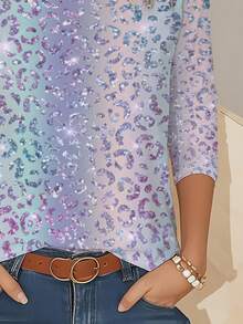 Women's Turquoise Blue & Purple Iridescent Shimmer Full-Body Print Blouse - Long Sleeve Round Neck Top With Rainbow Effect, Casual Spring/Fall Outfits, Machine Washable Suitable For Parties, Festivals, Casual Attire - 混合顏色 - 查看 3