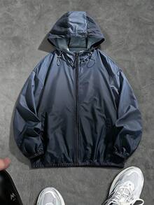 男士藏蓝色渐变连帽长袖外套，抽绳连帽设计，柔软透气面料，简约运动风，可机洗，适合春夏户外活动、运动、钓鱼、徒步旅行等。 - 藏蓝色 - 查看 4