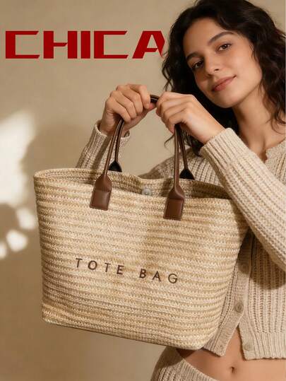 Summer Beach Tote Bag, Women's Beach Vacation Bag, Casual Tote Bag With Contrast Color Letter Elements, Light Khaki Cream Color, Large Capacity Outdoor Shopping Handbag, Suitable For Shopping, Dating, Commuting, Vacation