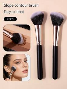 2pcs Angled Contour Brush, Fiber Hair Powder Blush Brush, Evenly Distribute Makeup, Multi-Functional, Portable Makeup Brush Tool - Black - View 3