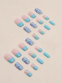 24pcs Square Press-On Nails, Fresh Blue-Green Butterfly & Lake Green French Design, Perfect For Dates & Daily Wear - Multicolor - View 2